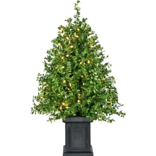 Boxwood Porch Tree In Black Pot With Warm White Lights, Set Of 2