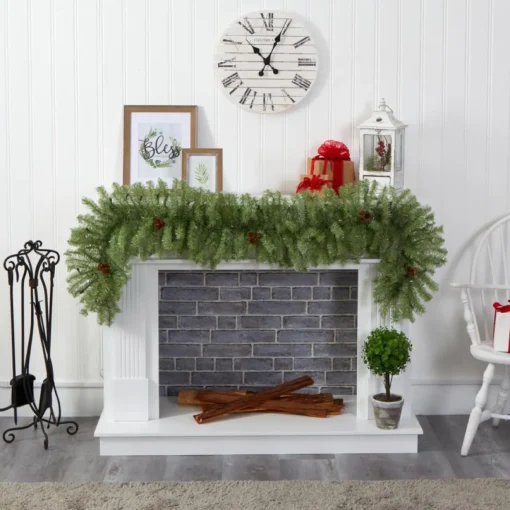 6' Christmas Pine Artificial Garland With 50 Warm White Led Lights And Pine Cones
