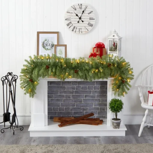 6' Christmas Pine Artificial Garland With 50 Warm White Led Lights And Pine Cones
