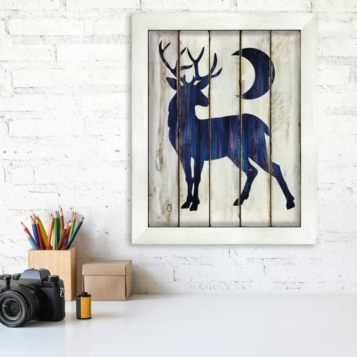 Courtside Market Buck And Moon 10.5" X 14" Wood Art - Navy Blue
