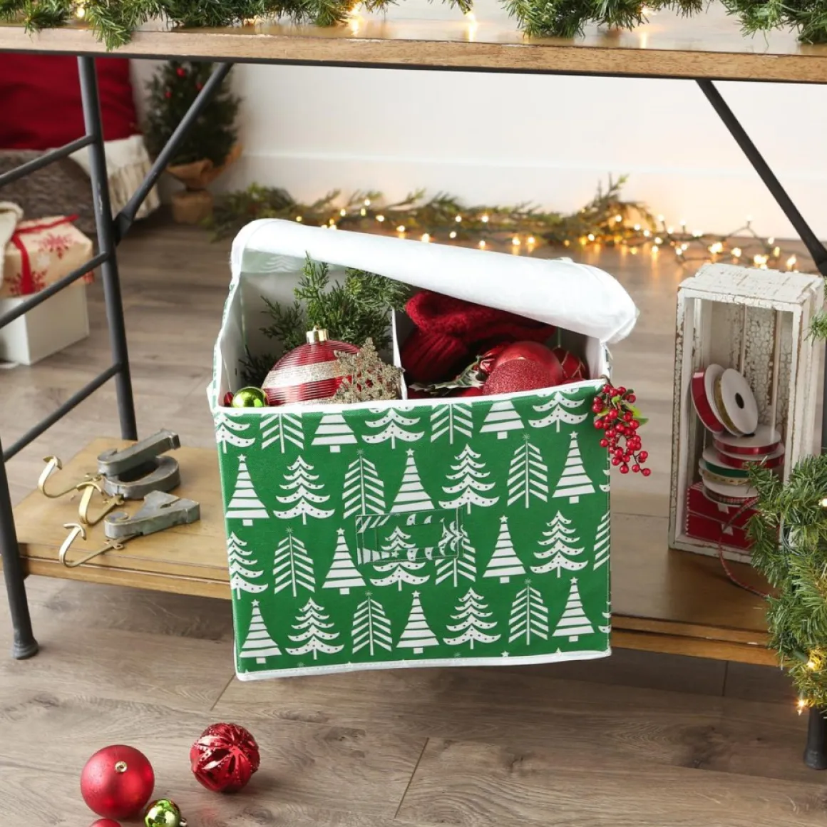 Design Imports Triple Christmas Tree Print Ornament Storage Bin, Large