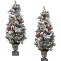 Fraser Hill Farm 4' Christmas Prelit Flocked Trees W Pinecones 2-Pack