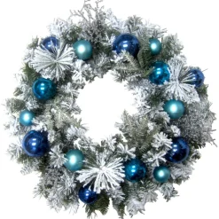 Fraser Hill Farm 24" Christmas Flocked Wreath With Blue Ornaments