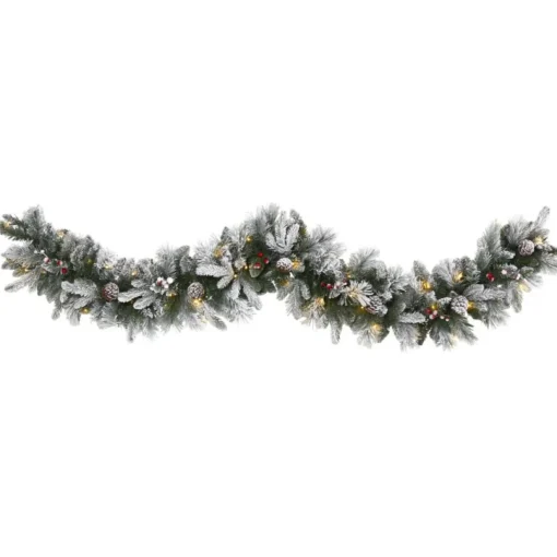 6 Ft. Flocked Mixed Pine Artificial Christmas Garland With 50 Led Lights, Pine Cones And Berries