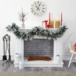 6 Ft. Flocked Mixed Pine Artificial Christmas Garland With 50 Led Lights, Pine Cones And Berries