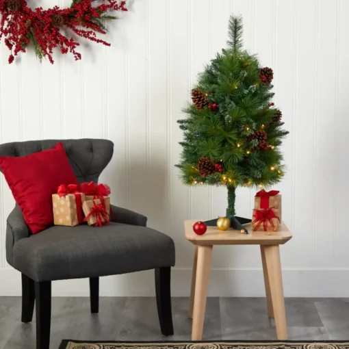 3 Ft. Montana Mixed Pine Artificial Christmas Tree With Pine Cones, Berries And 50 Clear Led Lights
