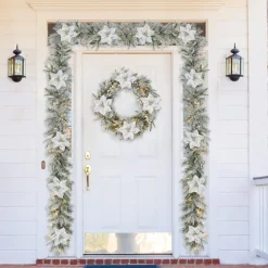 Glitzhome 24" D Led Flocked Greenery Pine Poinsettia Christmas Wreath