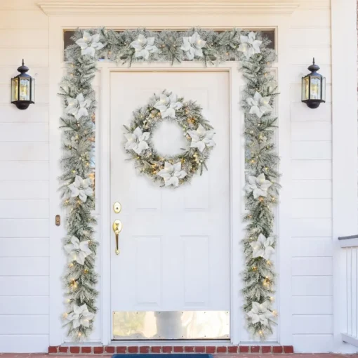 Glitzhome 24" D Led Flocked Greenery Pine Poinsettia Christmas Wreath