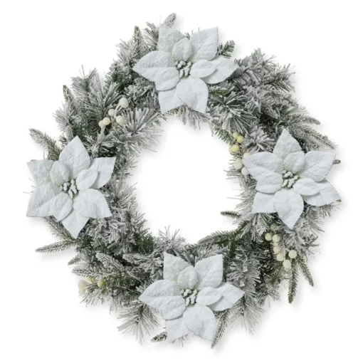 Glitzhome 24" D Led Flocked Greenery Pine Poinsettia Christmas Wreath