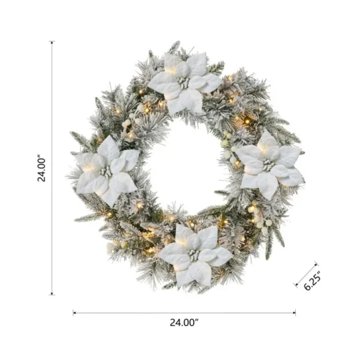 Glitzhome 24" D Led Flocked Greenery Pine Poinsettia Christmas Wreath