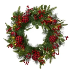 Glitzhome 24" D Ornament Berry Holly Pine Wreath With Lights