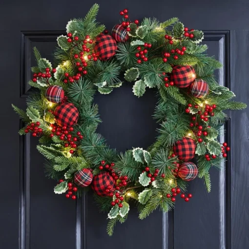 Glitzhome 24" D Ornament Berry Holly Pine Wreath With Lights