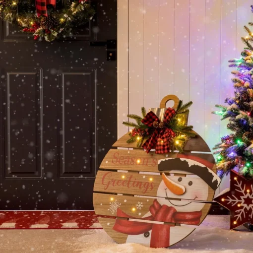 Glitzhome 30.25" H Lighted Round Wooden Snowman Porch Decor