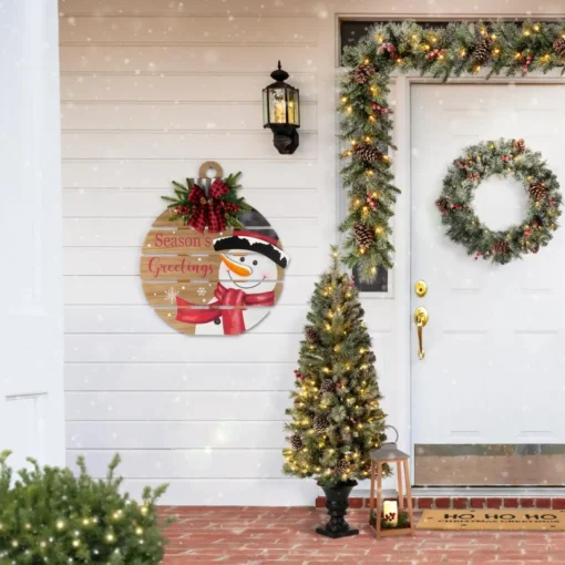 Glitzhome 30.25" H Lighted Round Wooden Snowman Porch Decor