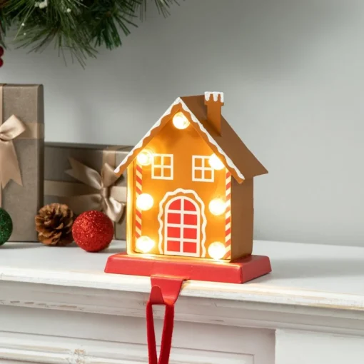Glitzhome 6.75" H Marquee Led Metal Gingerbread House Stocking Holder