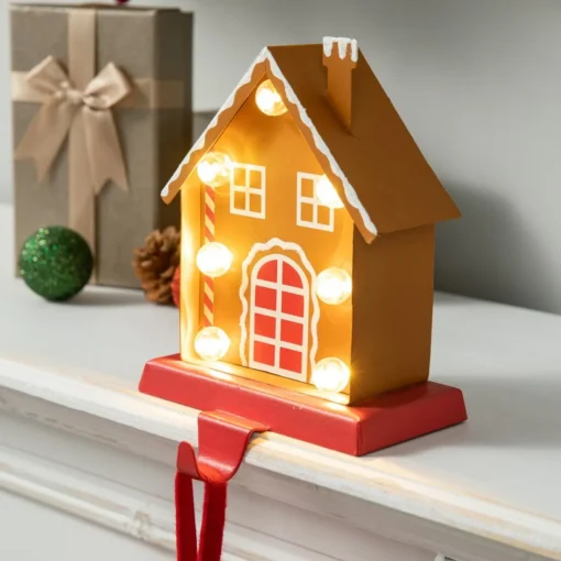 Glitzhome 6.75" H Marquee Led Metal Gingerbread House Stocking Holder