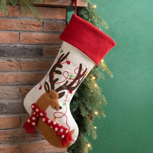 Glitzhome 21" L Led Embroidered Linen Reindeer Christmas Stocking