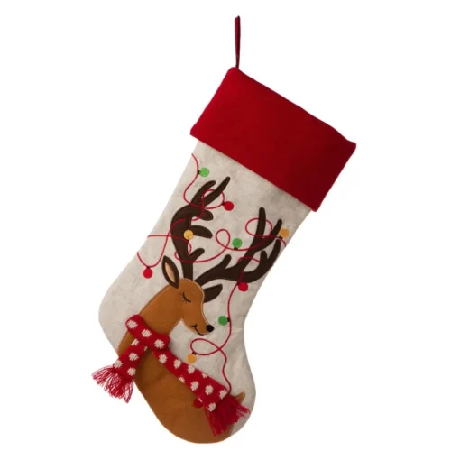 Glitzhome 21" L Led Embroidered Linen Reindeer Christmas Stocking