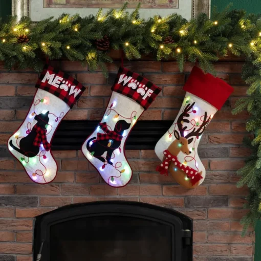 Glitzhome 21" L Led Embroidered Linen Dog Christmas Stocking