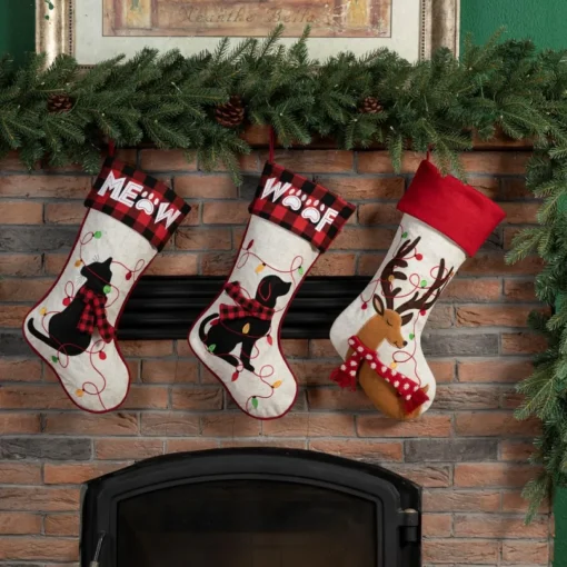 Glitzhome 21" L Led Embroidered Linen Dog Christmas Stocking