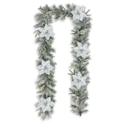 Glitzhome 9' Pre-Lit Snow Flocked Greenery Pine Poinsettia Garland