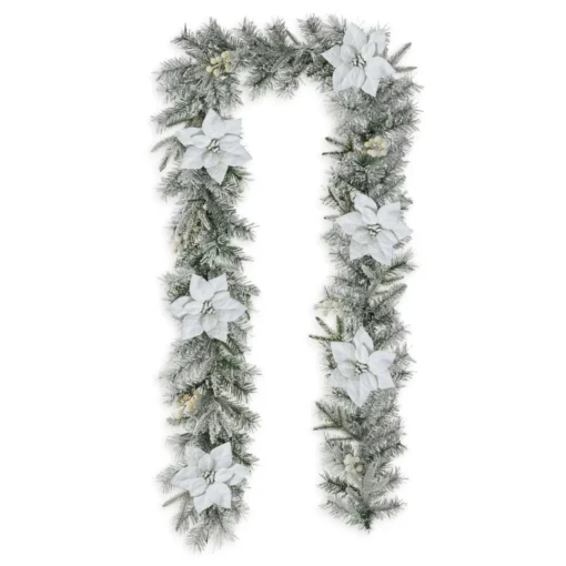 Glitzhome 9' Pre-Lit Snow Flocked Greenery Pine Poinsettia Garland