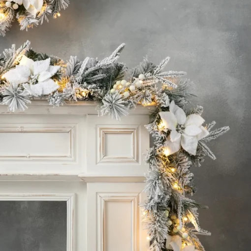 Glitzhome 9' Pre-Lit Snow Flocked Greenery Pine Poinsettia Garland