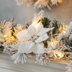 Glitzhome 9' Pre-Lit Snow Flocked Greenery Pine Poinsettia Garland