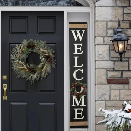 Glitzhome 60" Wooden Welcome Porch Sign W/4 Interchangeable Wreaths