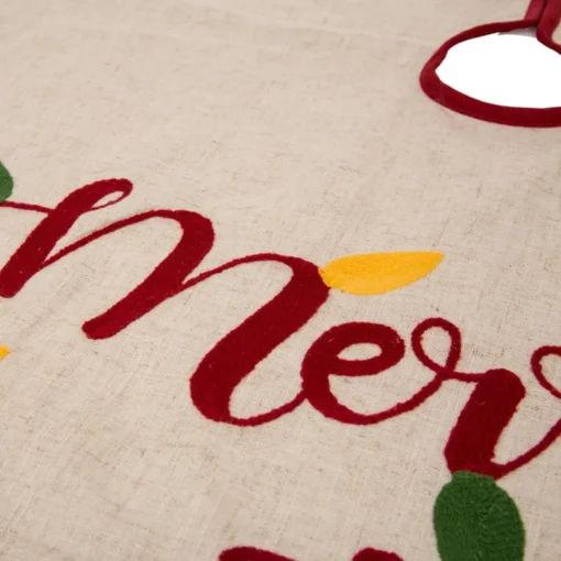 Glitzhome 48"D Merry Christmas Embroidered Linen Christmas Tree Skirt