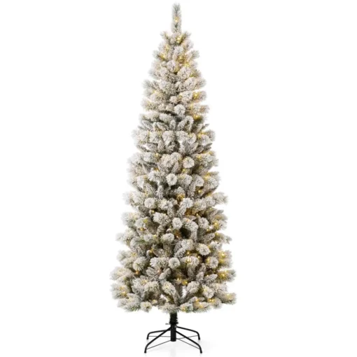 Glitzhome 7.5Ft Pre-Lit Flocked Pencil Green Pine Christmas Tree