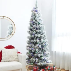 Glitzhome 7.5Ft Pre-Lit Flocked Pencil Green Pine Christmas Tree