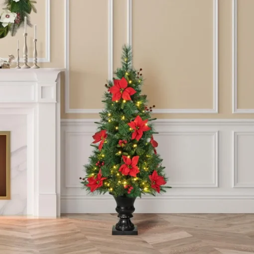 Glitzhome 4Ft Pre-Lit Poinsettia Artificial Christmas Porch Tree