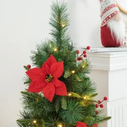Glitzhome 4Ft Pre-Lit Poinsettia Artificial Christmas Porch Tree