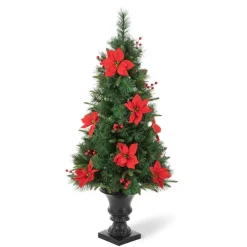 Glitzhome 4Ft Pre-Lit Poinsettia Artificial Christmas Porch Tree
