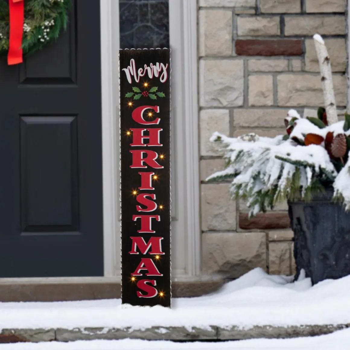 Glitzhome 42"H Lighted Wooden Black Christmas Porch Sign