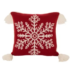 Glitzhome 18In Knitted Snowflake Acrylic Red Pillow Cover With Tassels