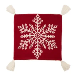 Glitzhome 18In Knitted Snowflake Acrylic Red Pillow Cover With Tassels