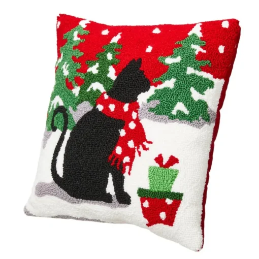 Glitzhome 14In L Hooked Christmas Cat Pillow