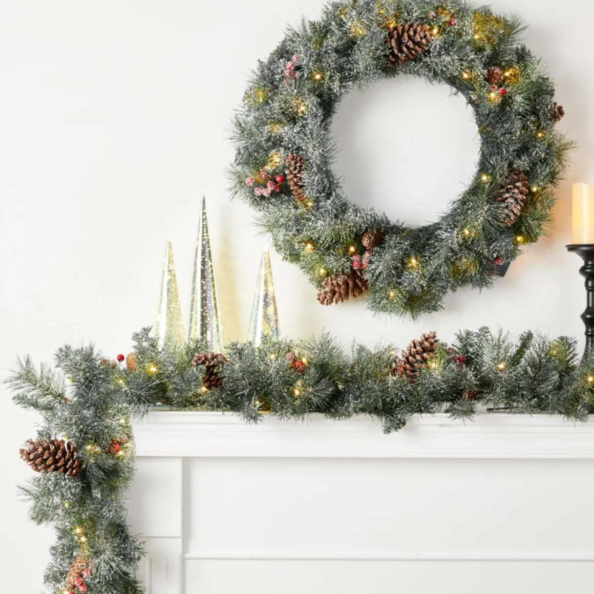 Glitzhome Led Glittered Christmas Wreath, 2Pk Garland, 2Pk Tree