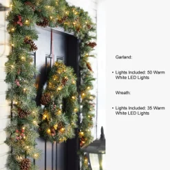 Glitzhome Led Glittered Christmas Wreath, 2Pk Garland, 2Pk Tree
