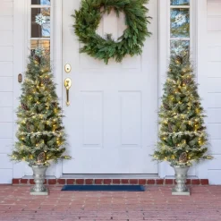 Glitzhome 2Pk Pre-Lit Artificial Pine Christmas Porch Tree