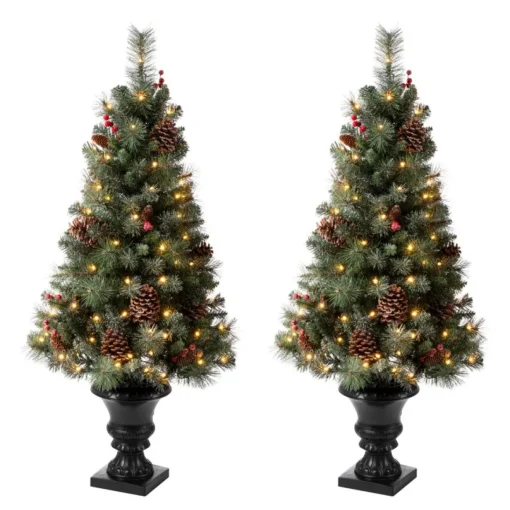 Glitzhome Set Of Two 4Ft Flocked Christmas Tree With 100 Warm White