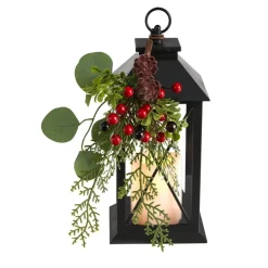 12" Holiday Berries And Greenery Metal Lantern