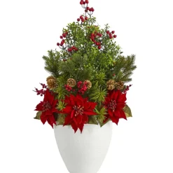 32 In. Poinsettia, Boxwood And Succulent Artificial Arrangement In White Vase