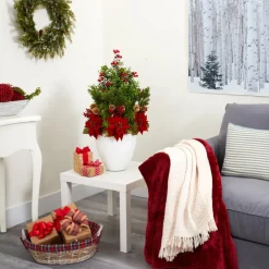 32 In. Poinsettia, Boxwood And Succulent Artificial Arrangement In White Vase