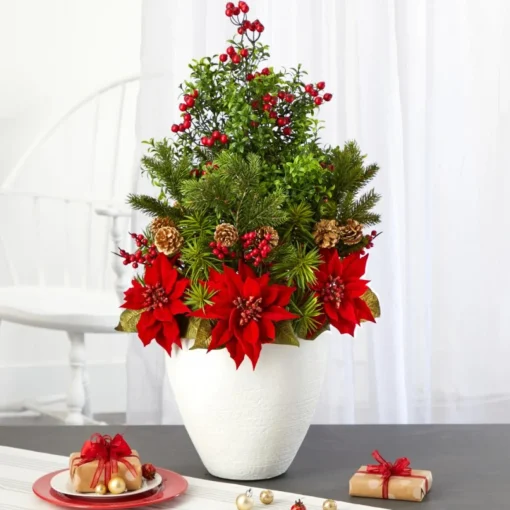 32 In. Poinsettia, Boxwood And Succulent Artificial Arrangement In White Vase