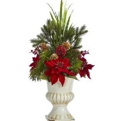 28 In. Poinsettia, Grass And Succulent Artificial Arrangement In White Urn