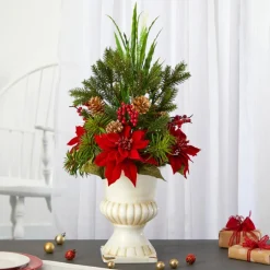 28 In. Poinsettia, Grass And Succulent Artificial Arrangement In White Urn