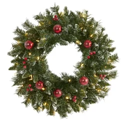 Nearly Natural 24 In. Frosted Christmas Wreath With 50 Lights
